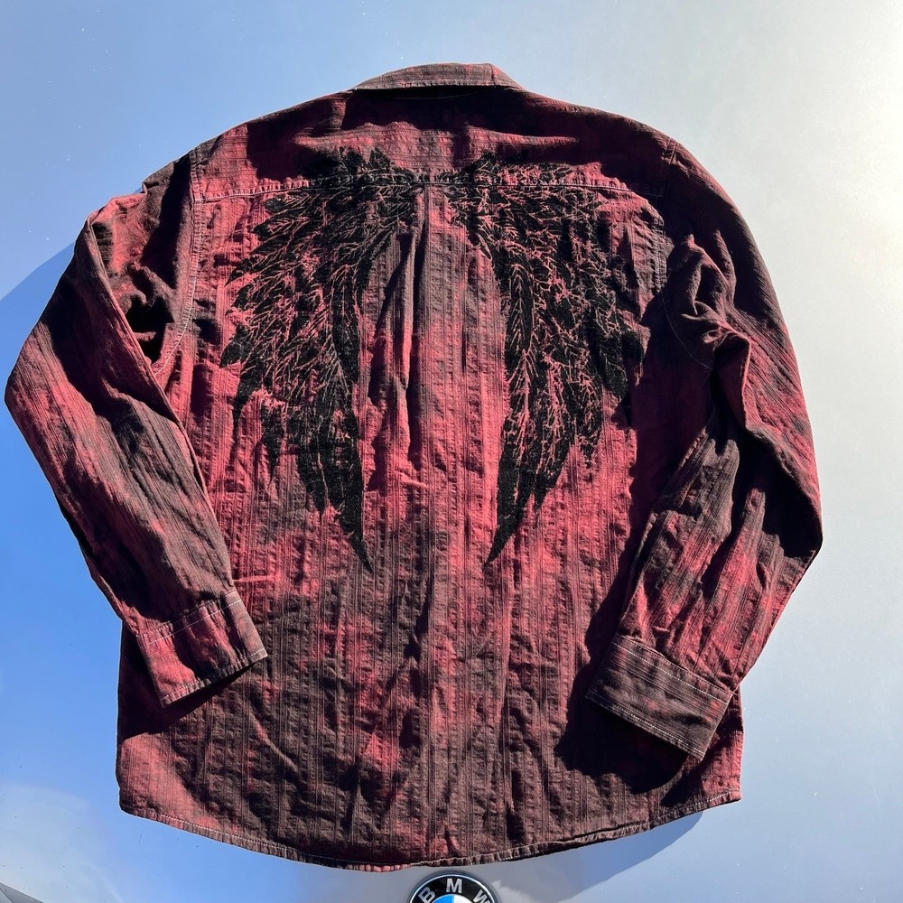 EIGHTY EIGHT RED/BLACK/GREY TEXTURED LONG-SLEEVED BUTTON UP WITH THE WINGS